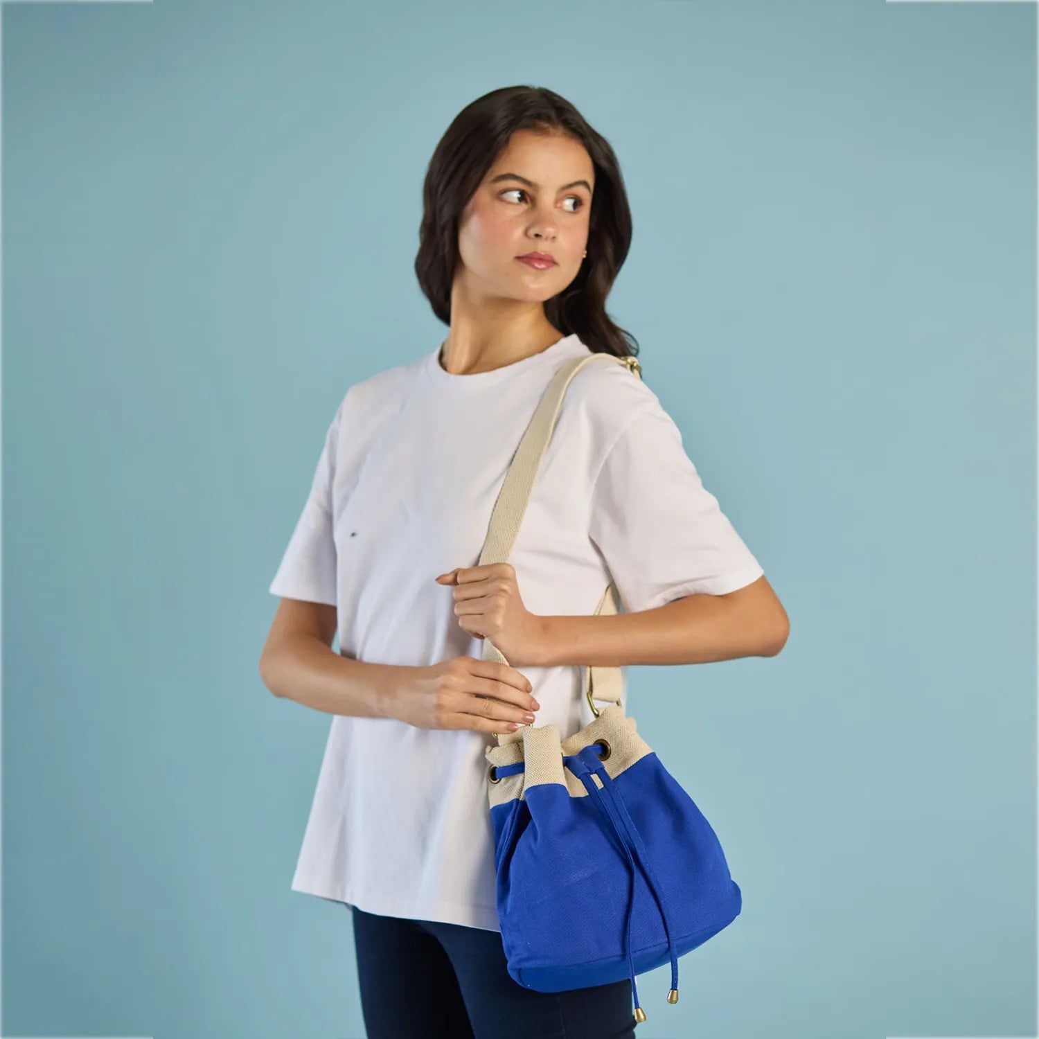Unique Ria Bucket Bag with a soft cotton canvas exterior and spacious interior