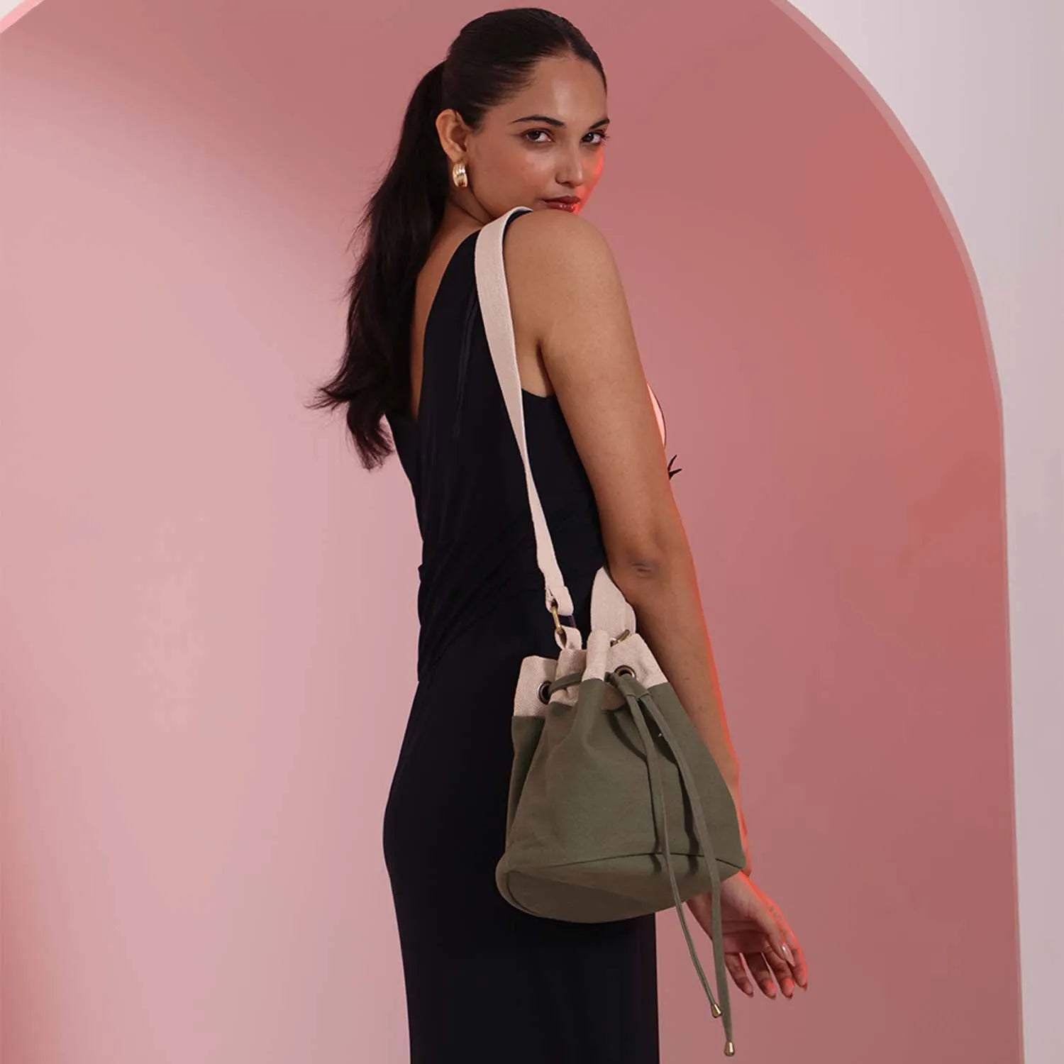 Dog D Originals Ria Bucket Bag in premium fabric with leather accents